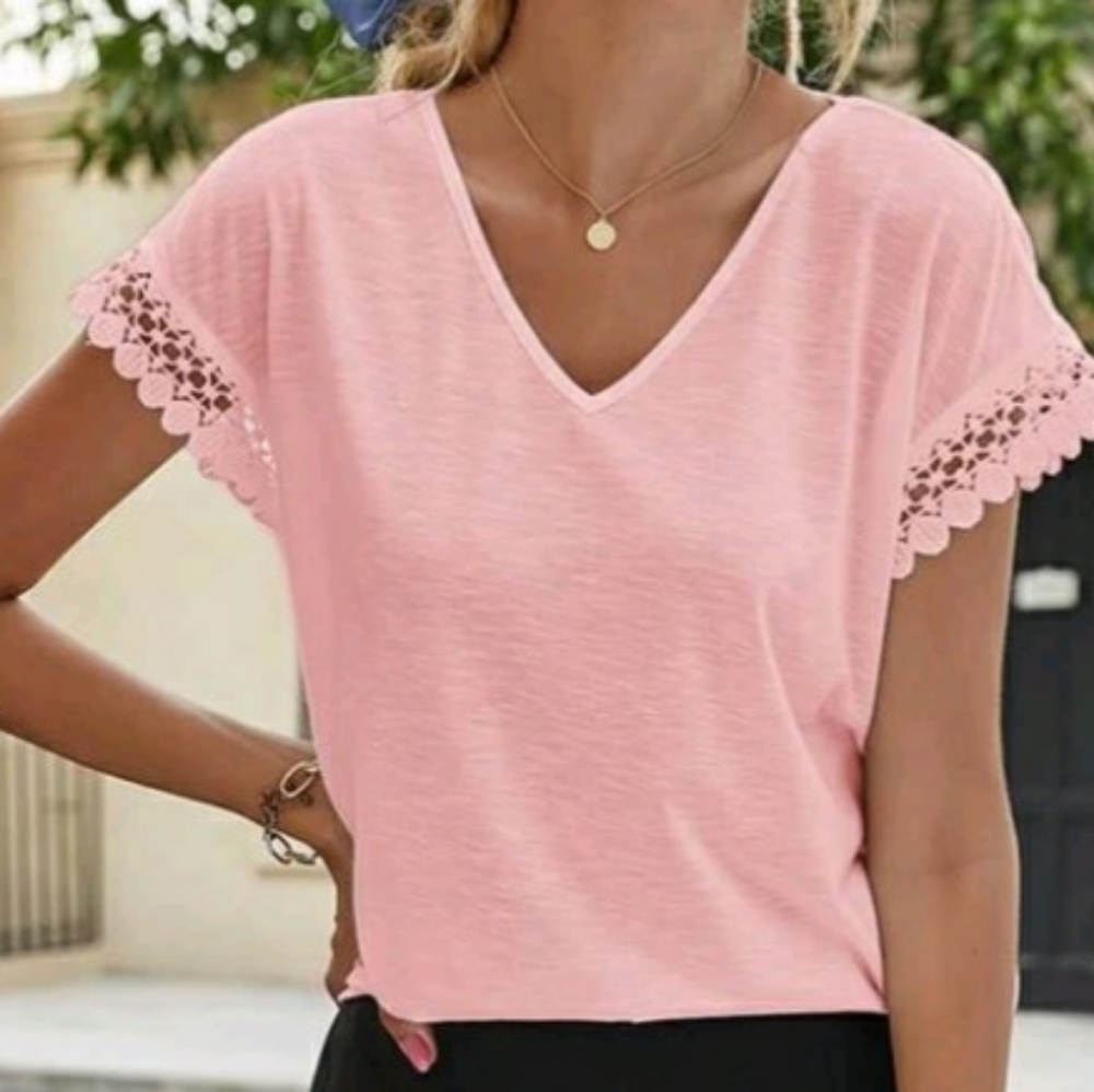 Solid hollowed out lace trim baby pink shirt